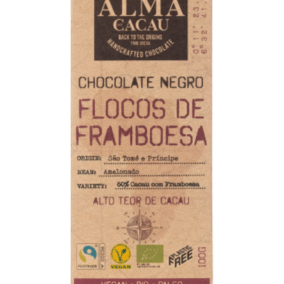 Chocolate Negro 60% Cacau com Flocos de Framboesa - Alma do Cacau